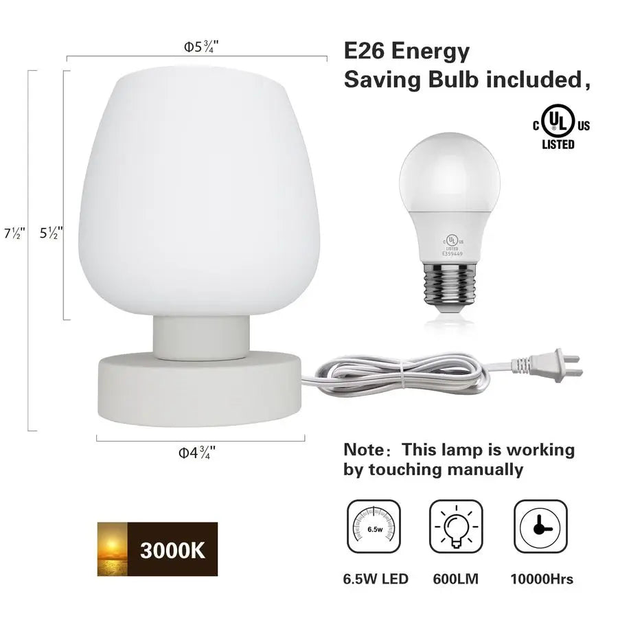 Bedside Table Lamp With Opal Glass Shade And Warm LED