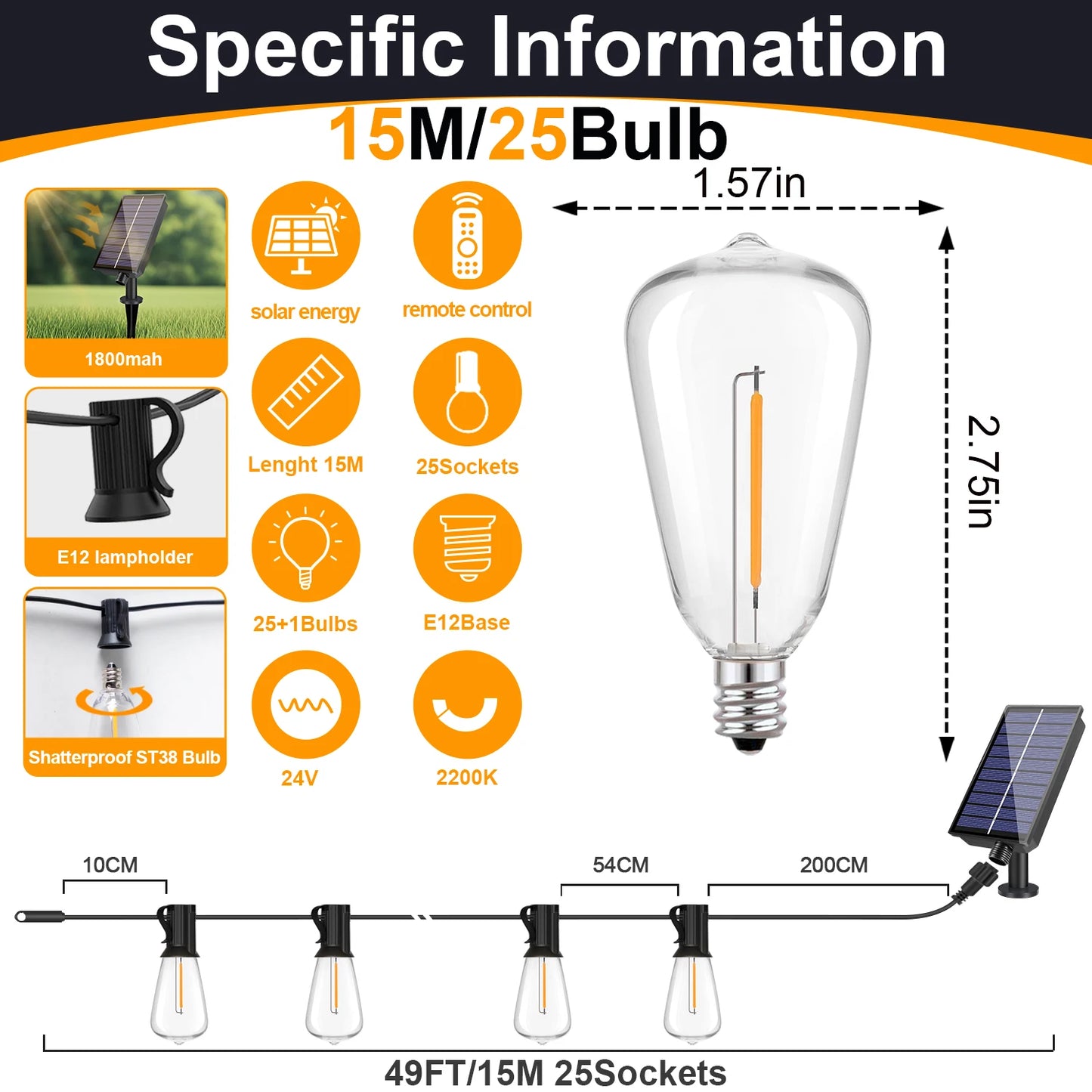 Solar Globe LED String Lights USB Rechargeable 8 Light Modes Patio Light