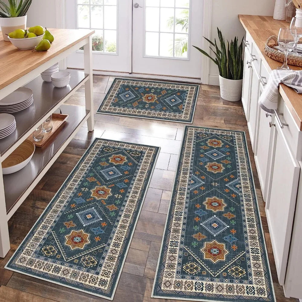 Boho Vintage Kitchen Rug Set Three Pieces PVC Washable Mats