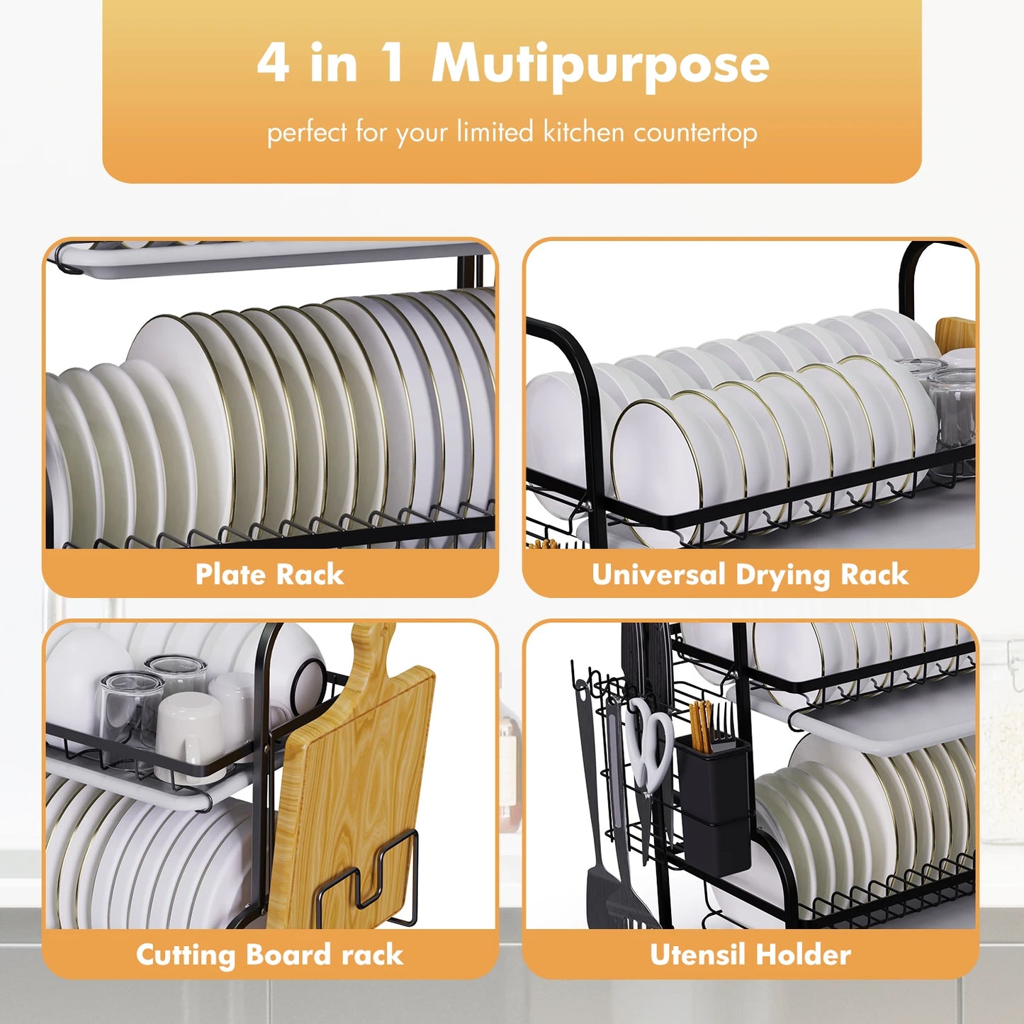 Two Tier Dish Drying Rack With Utensil Holder For Kitchen