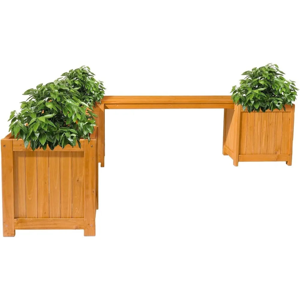 Outdoor Wood Bench With Planter Boxes 2-In-1 All-Weather Garden Bed