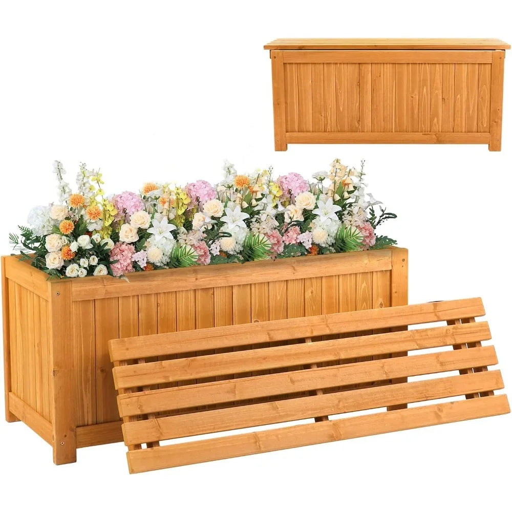 Outdoor Wood Bench With Planter Boxes 2-In-1 All-Weather Garden Bed