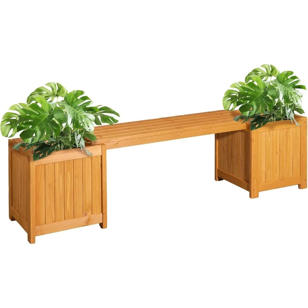 Outdoor Wood Bench With Planter Boxes 2-In-1 All-Weather Garden Bed
