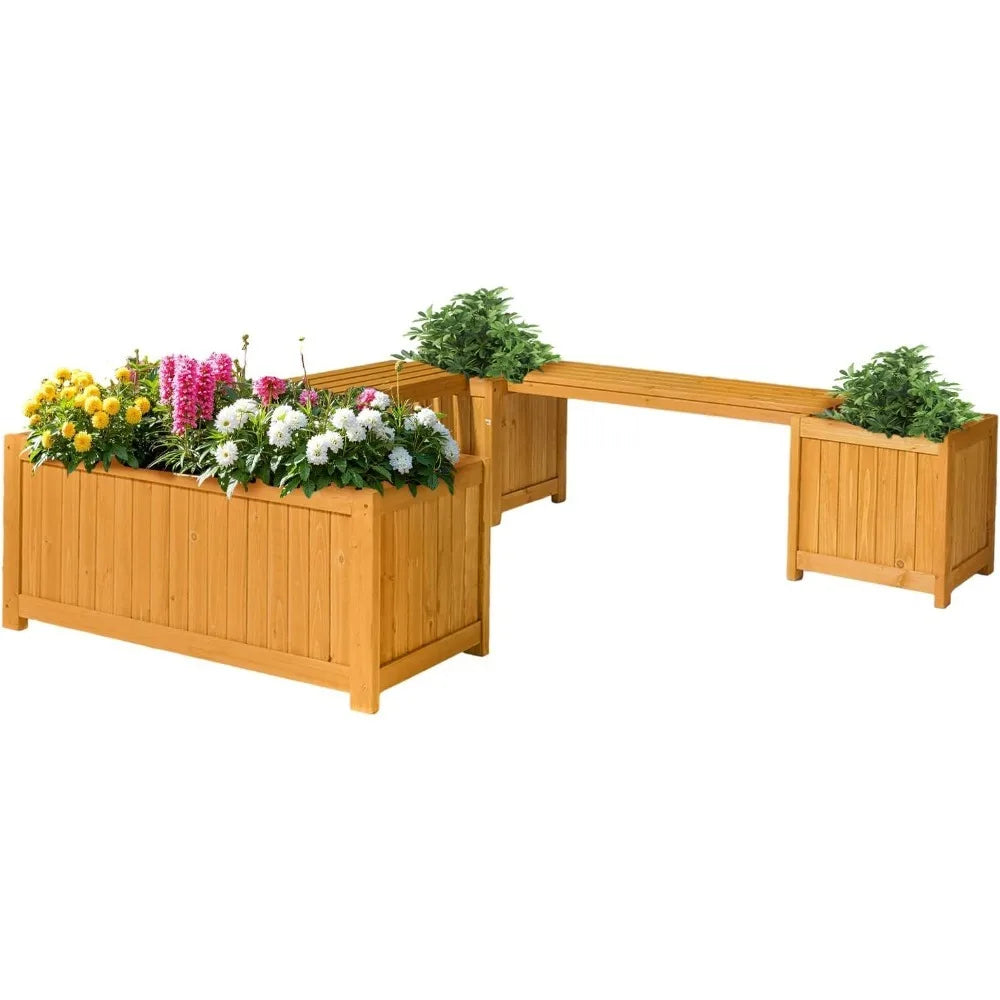 Outdoor Wood Bench With Planter Boxes 2-In-1 All-Weather Garden Bed
