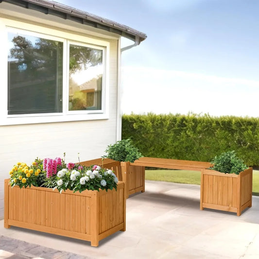 Outdoor Wood Bench With Planter Boxes 2-In-1 All-Weather Garden Bed