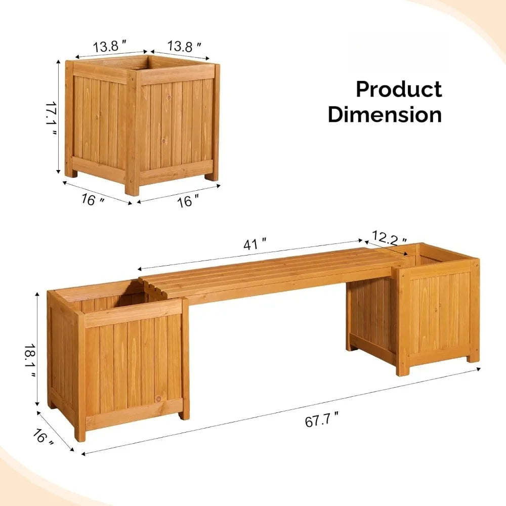 Outdoor Wood Bench With Planter Boxes 2-In-1 All-Weather Garden Bed