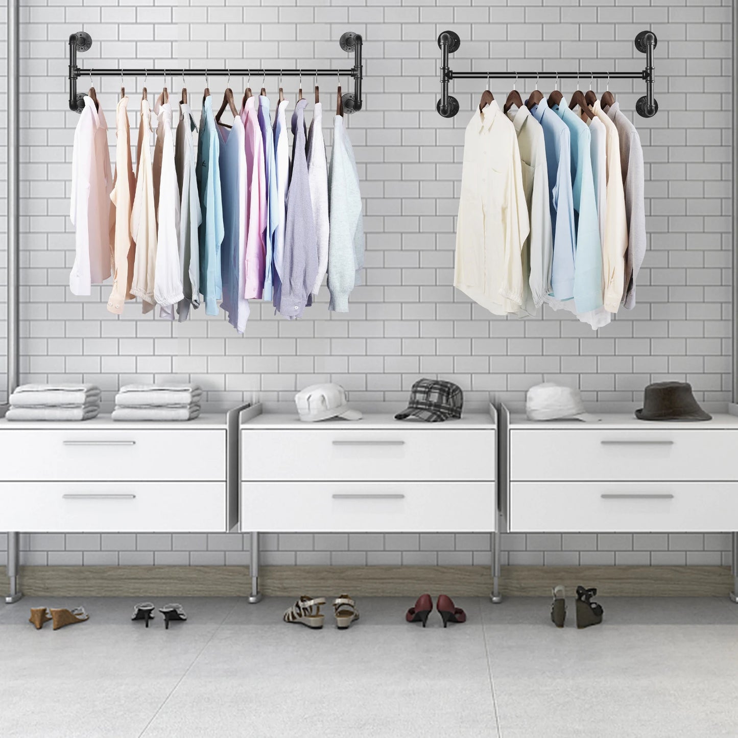 Wall Mounted Industrial Pipe Clothes Rack With Detachable Bar