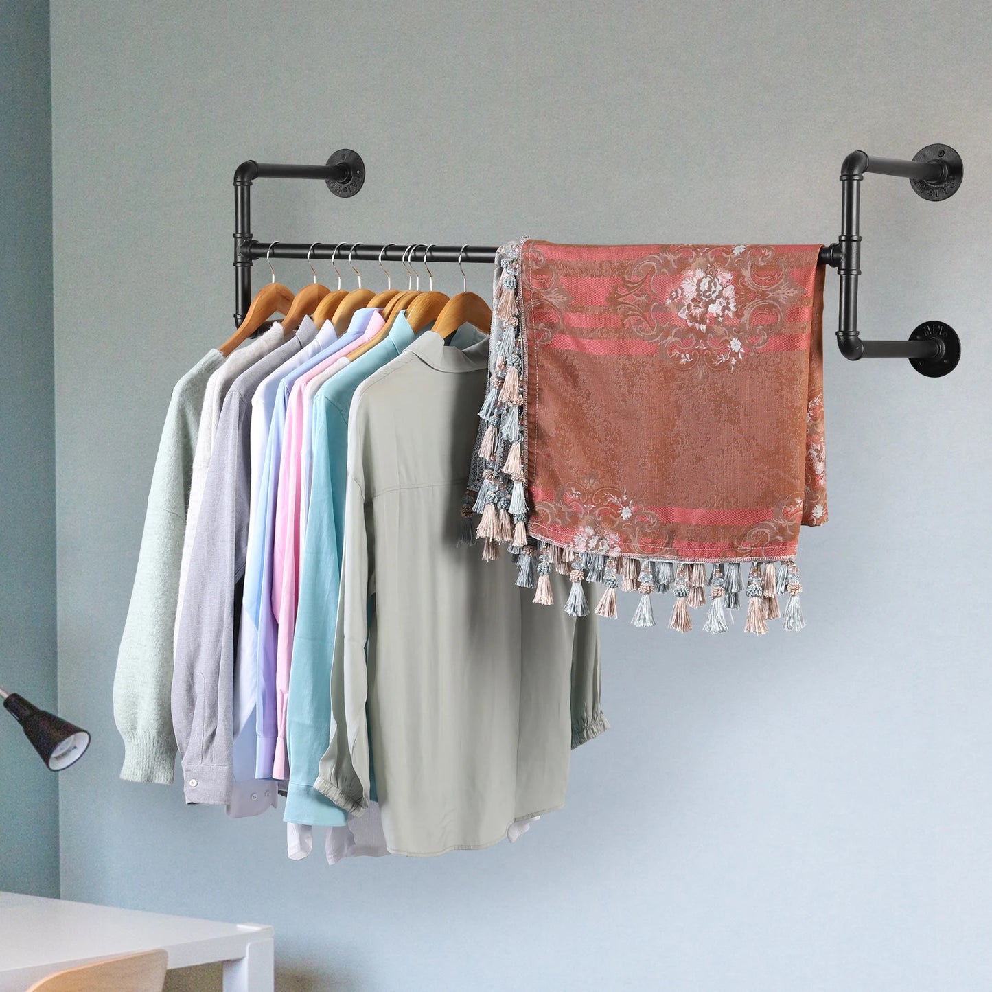 Wall Mounted Industrial Pipe Clothes Rack With Detachable Bar
