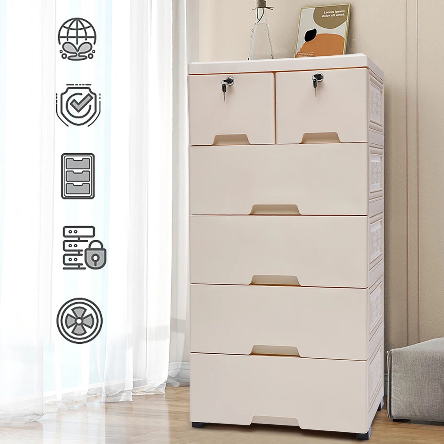 Six Drawer Storage Chest Movable Nightstand Closet Tower For Bedroom