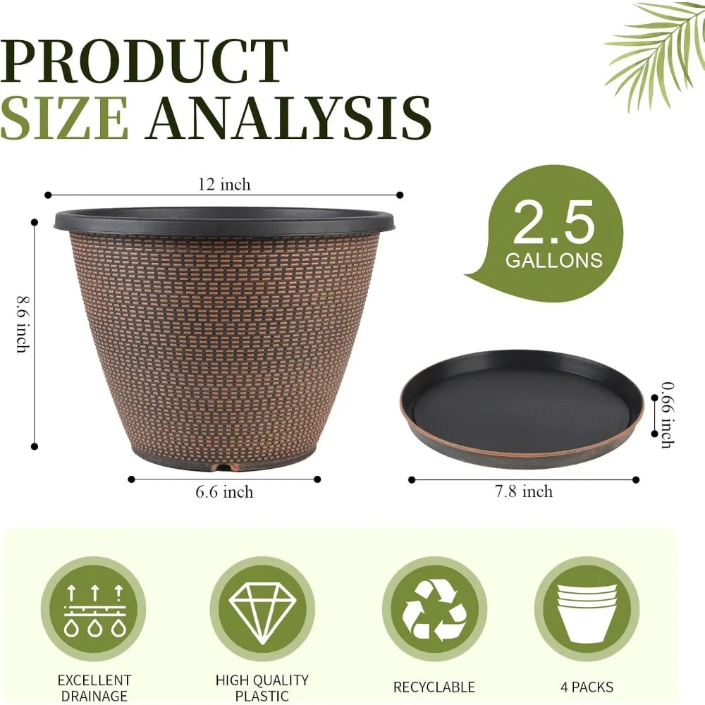 Plastic Plant Pots 4 Pack With Drainage Holes And Saucers