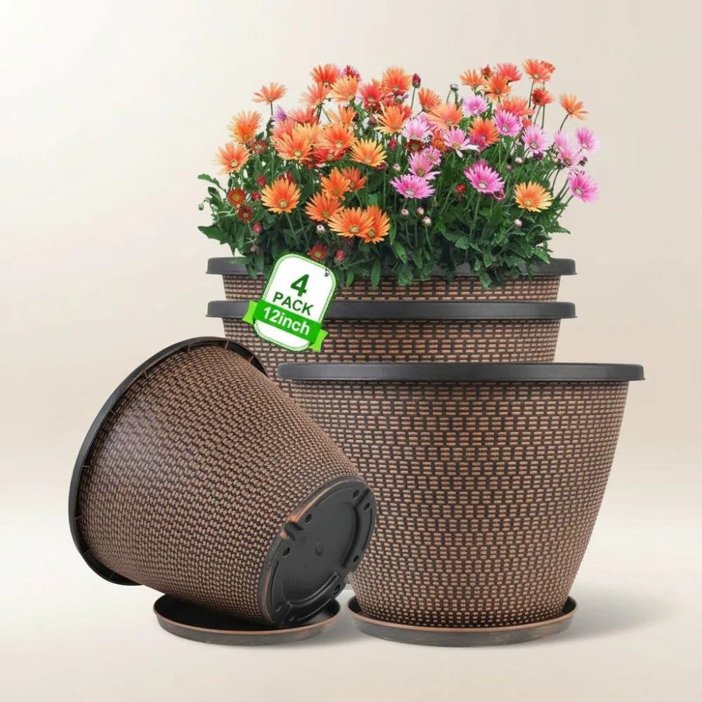Plastic Plant Pots 4 Pack With Drainage Holes And Saucers