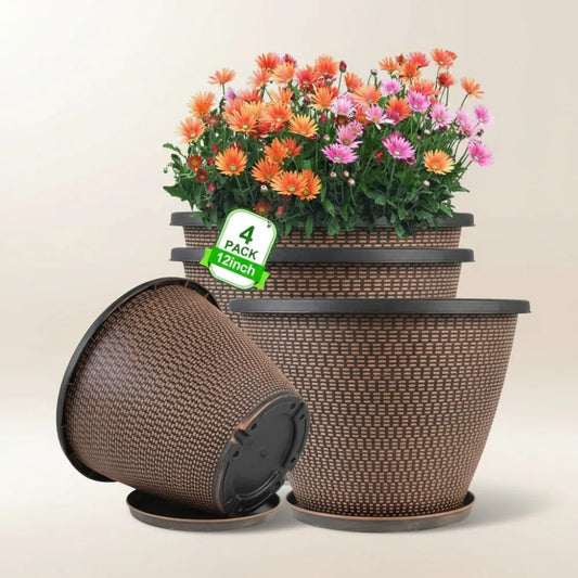 Plastic Plant Pots 4 Pack With Drainage Holes And Saucers
