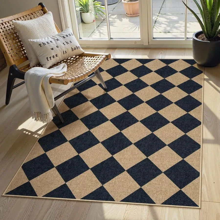 Natural Checkerboard Wool Rug For Indoor Outdoor Entryways
