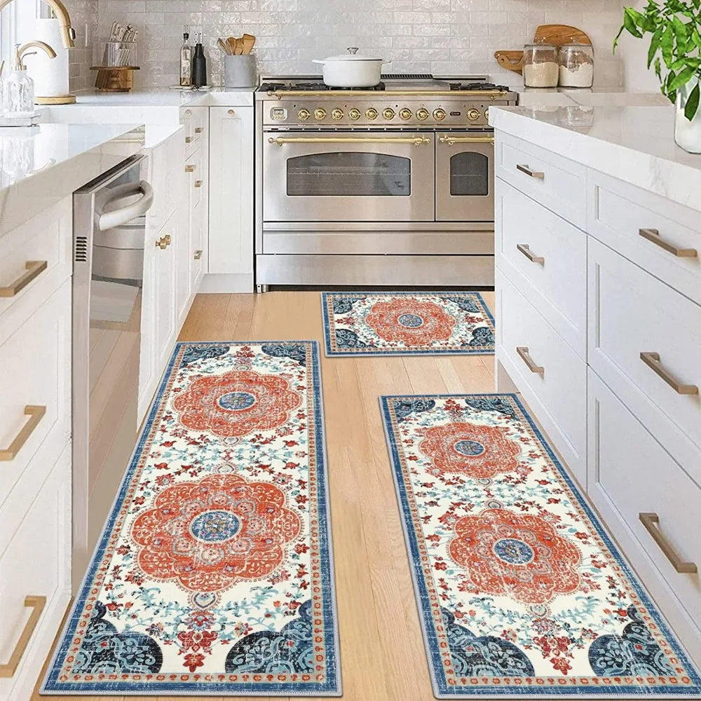 Boho Vintage Kitchen Rug Set Three Pieces PVC Washable Mats
