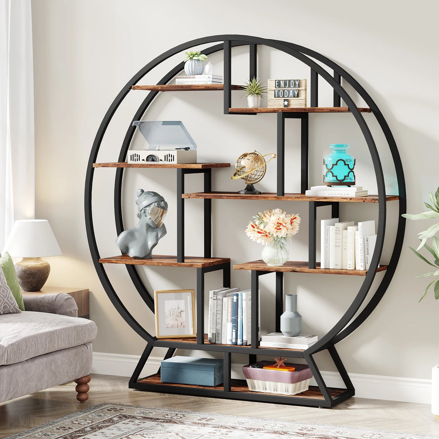 Tribesigns Five-Tier Round Etagere Bookshelf Iron Wood