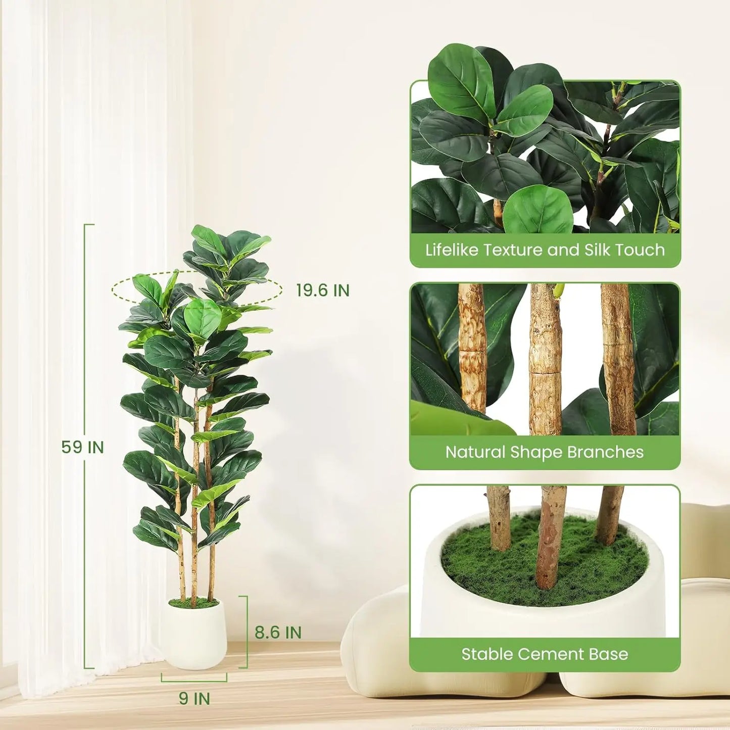 HiMISS Fiddle Leaf Fig Tree With Pot Faux Plant Home