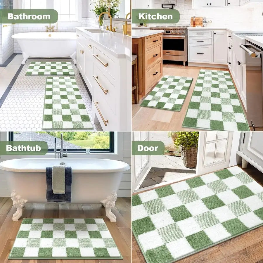 Checkered Five Piece Bathroom Rug Set Non Slip Ultra Absorbent Microfiber Mats