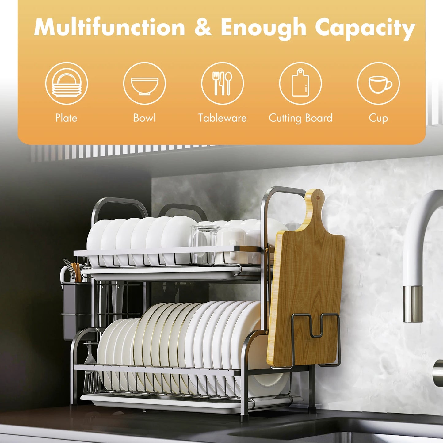 Two Tier Dish Drying Rack With Utensil Holder For Kitchen