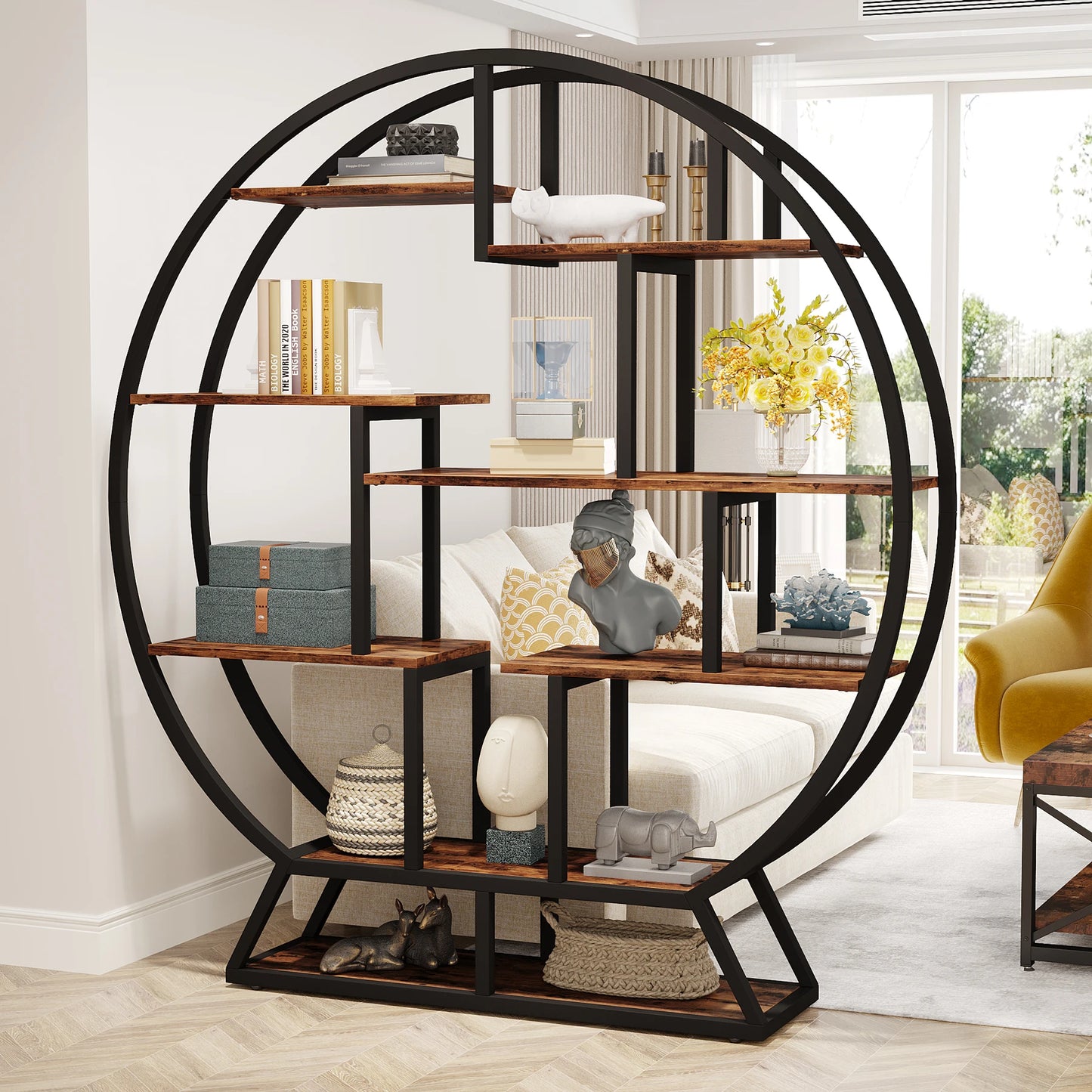 Tribesigns Five-Tier Round Etagere Bookshelf Iron Wood