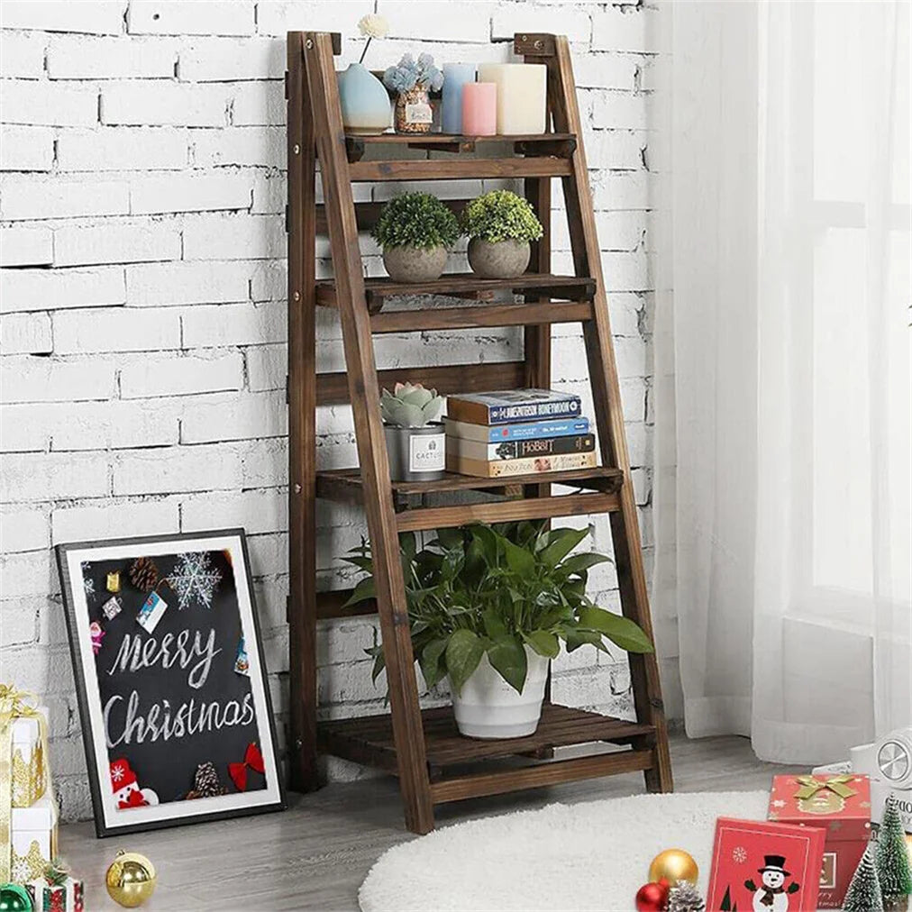 Folding Four Tier Ladder Shelf Wood Display Rack For Home