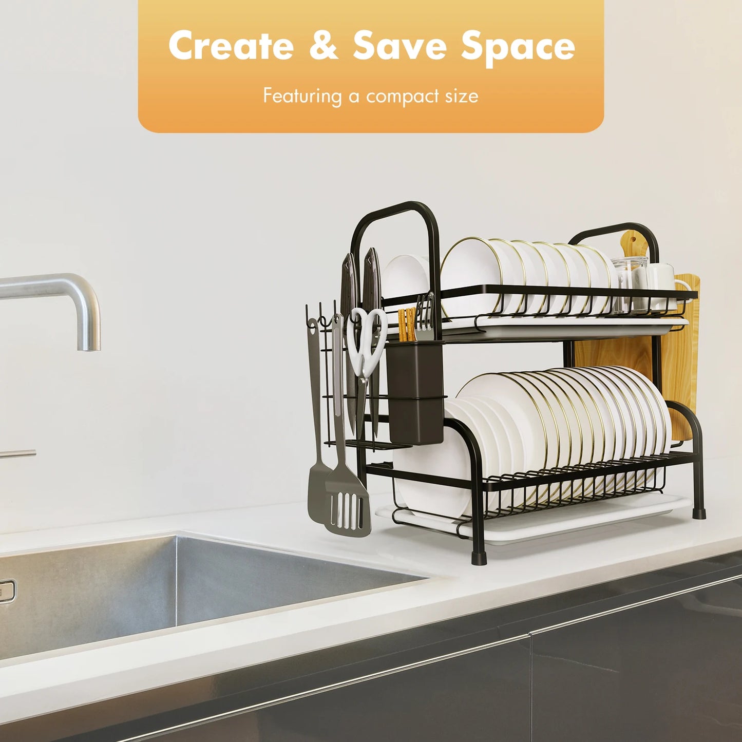 Two Tier Dish Drying Rack With Utensil Holder For Kitchen