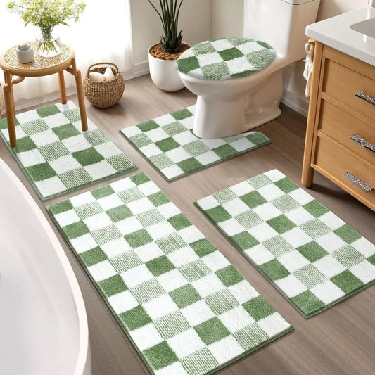 Checkered Five Piece Bathroom Rug Set Non Slip Ultra Absorbent Microfiber Mats
