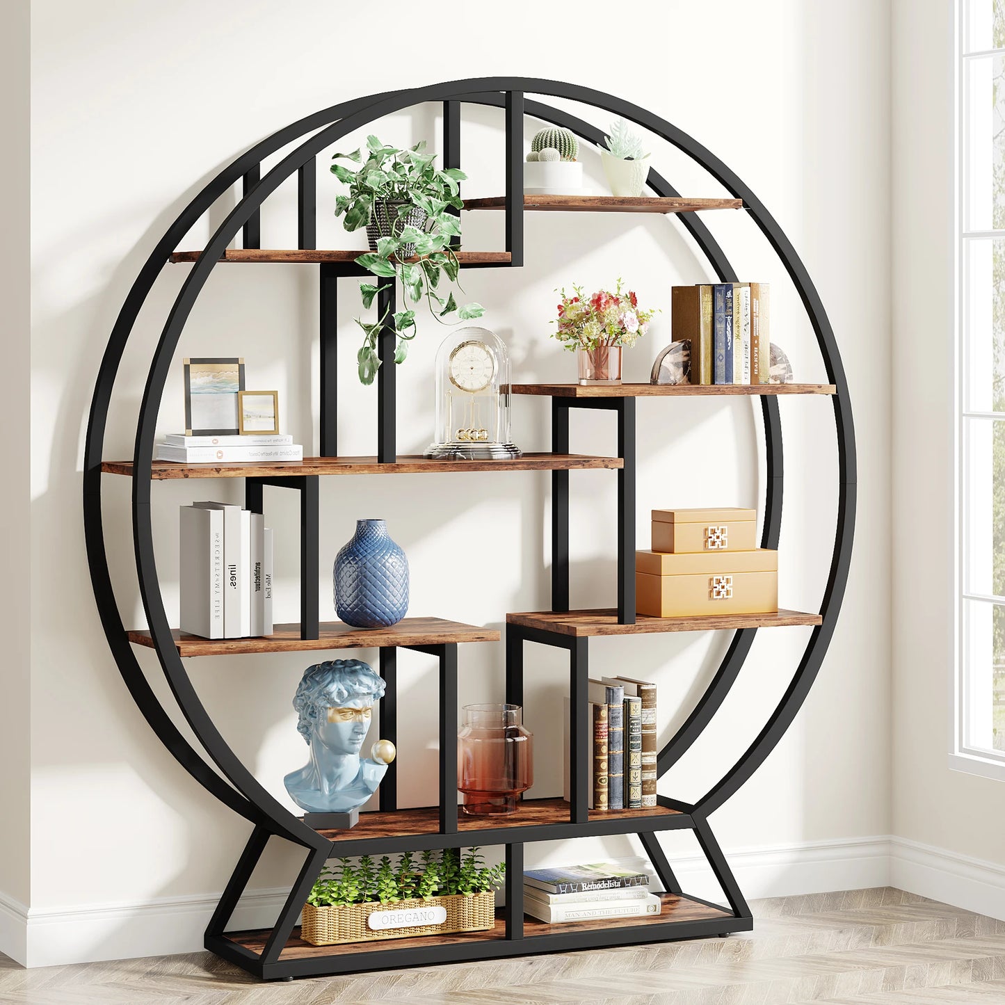 Tribesigns Five-Tier Round Etagere Bookshelf Iron Wood