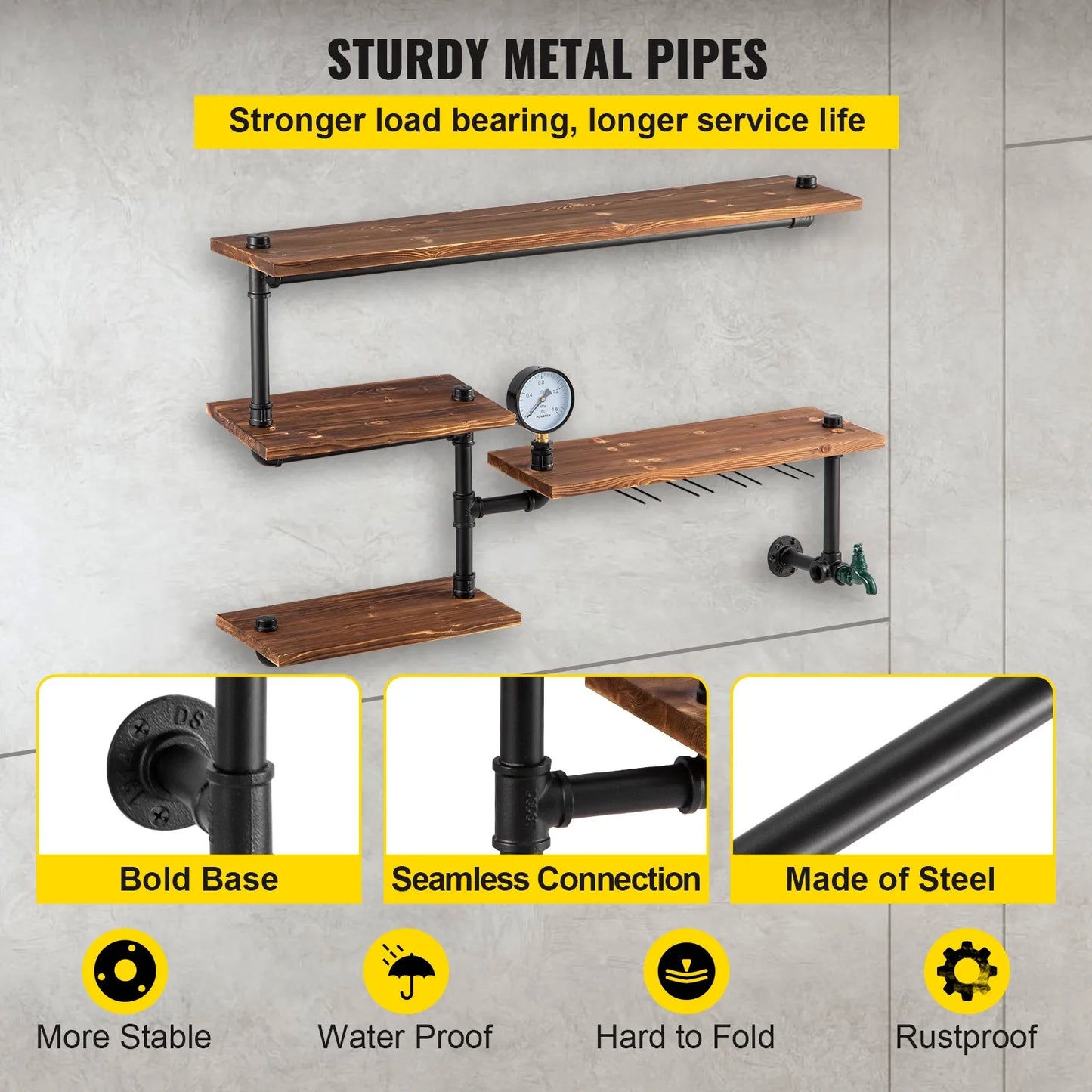 Industrial Pipe Shelves Wall Mounted Four Tier Iron Pipe Rack