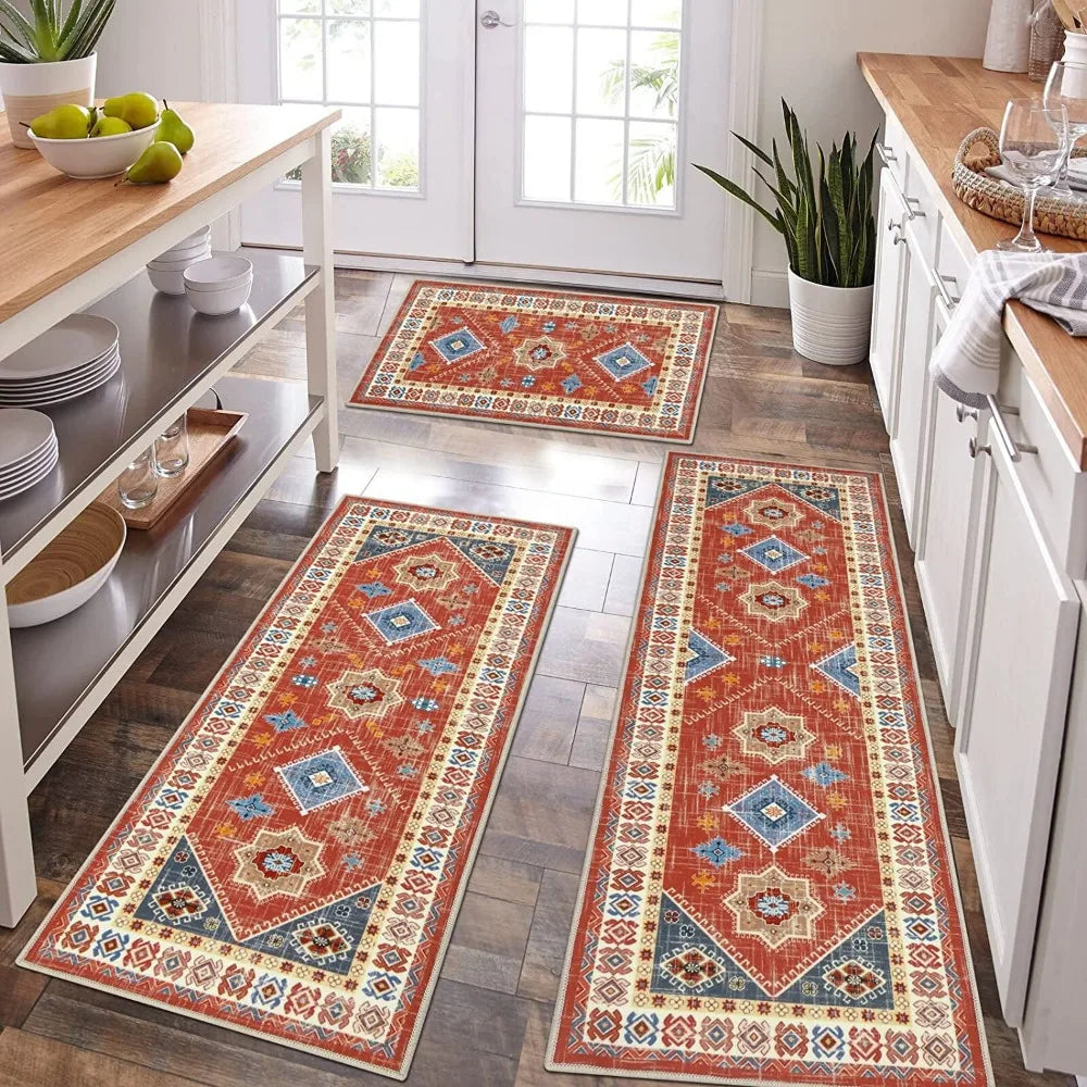 Boho Vintage Kitchen Rug Set Three Pieces PVC Washable Mats