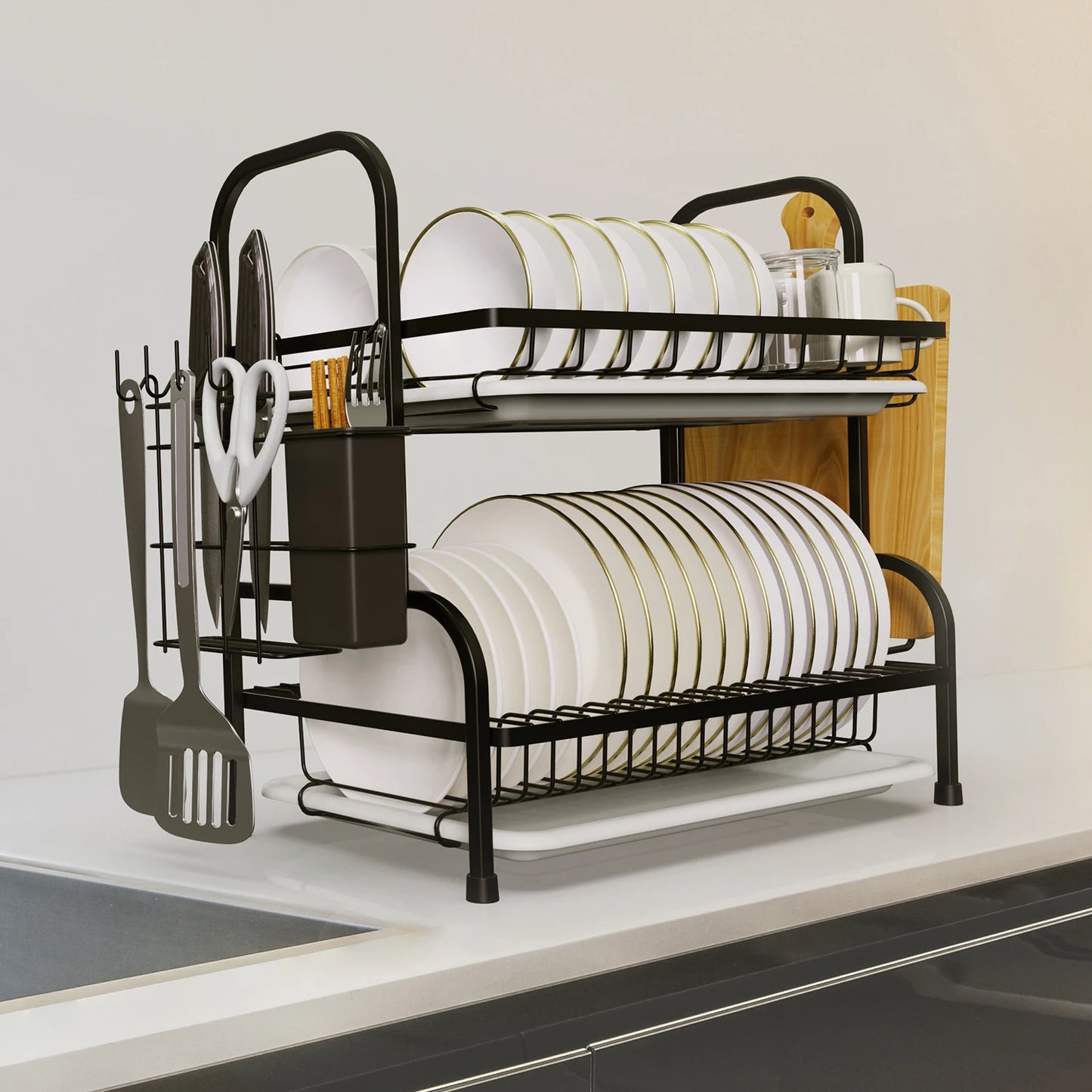 Two Tier Dish Drying Rack With Utensil Holder For Kitchen