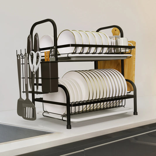 Two Tier Dish Drying Rack With Utensil Holder For Kitchen