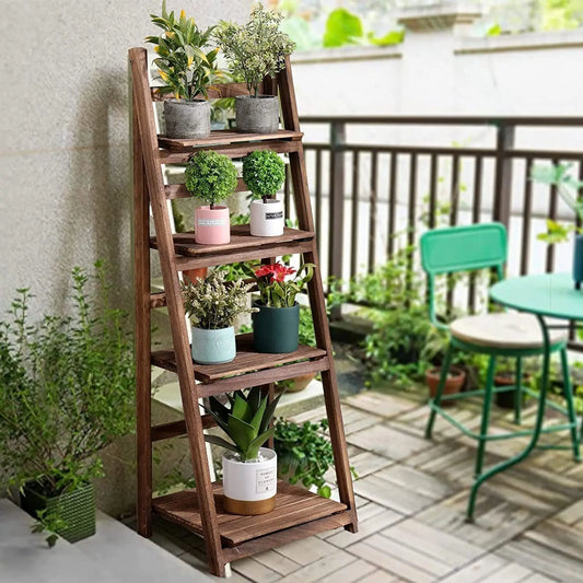 Folding Four Tier Ladder Shelf Wood Display Rack For Home