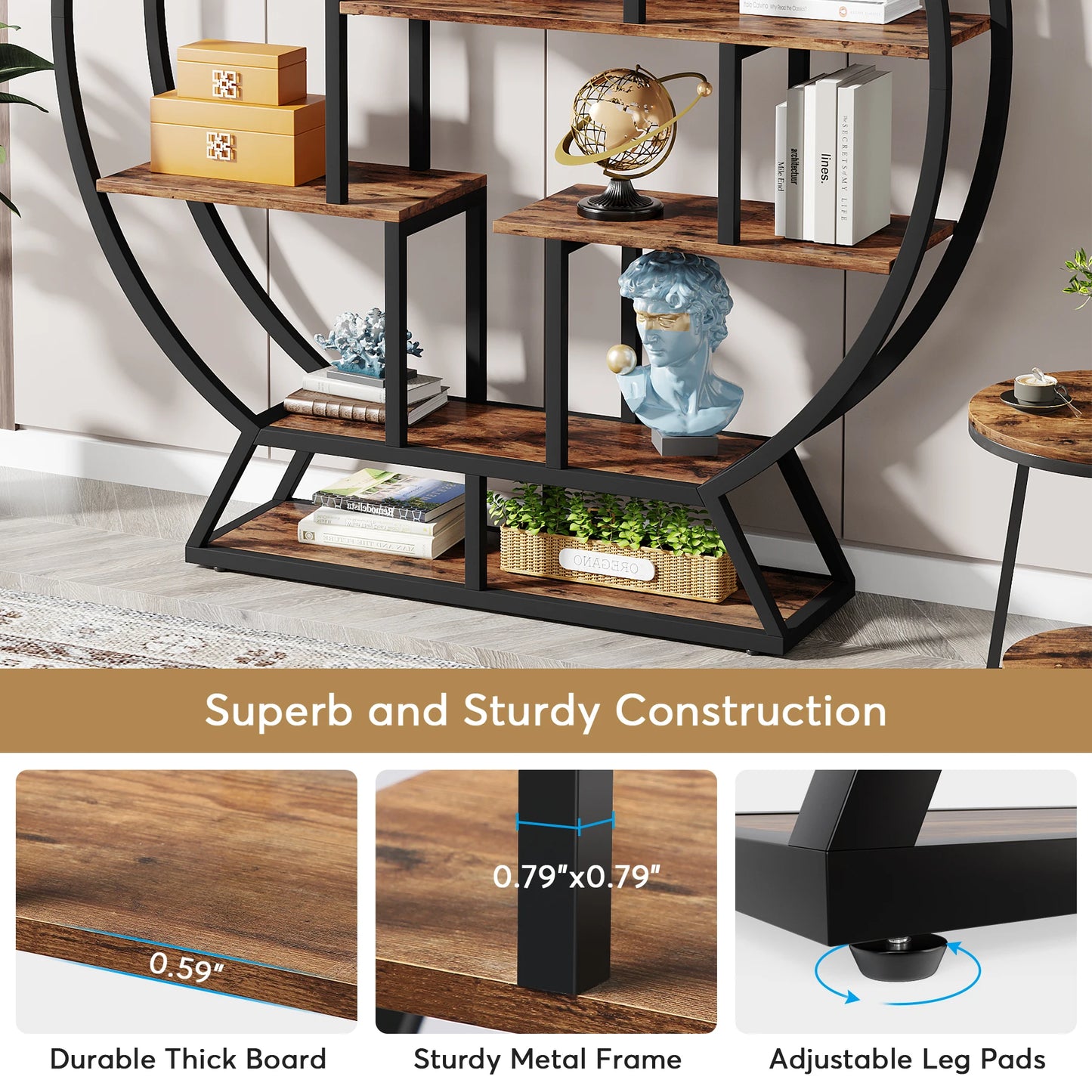 Tribesigns Five-Tier Round Etagere Bookshelf Iron Wood