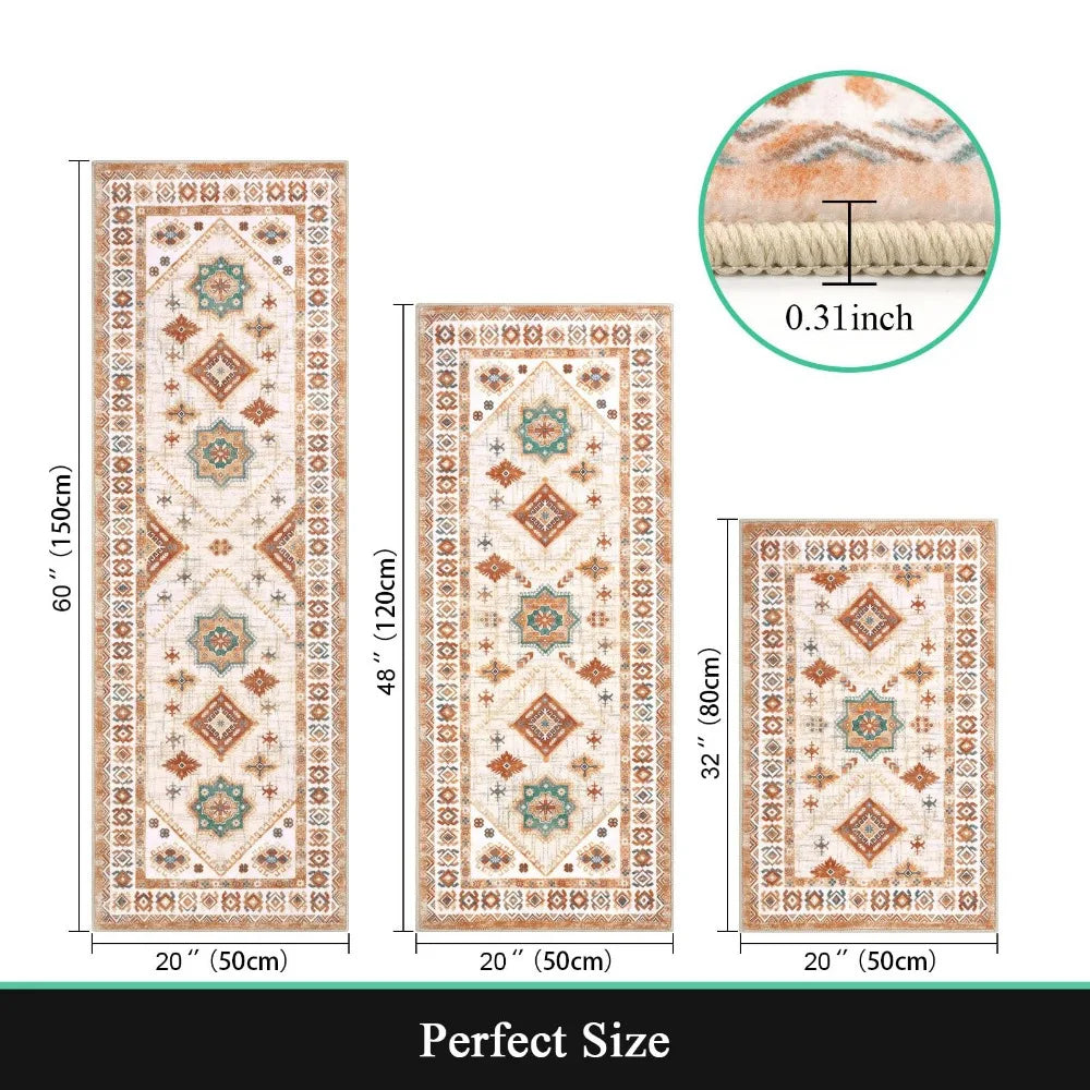 Boho Vintage Kitchen Rug Set Three Pieces PVC Washable Mats