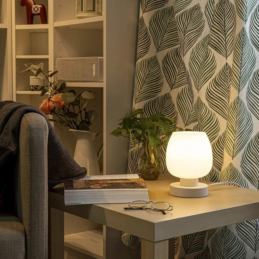 Bedside Table Lamp With Opal Glass Shade And Warm LED