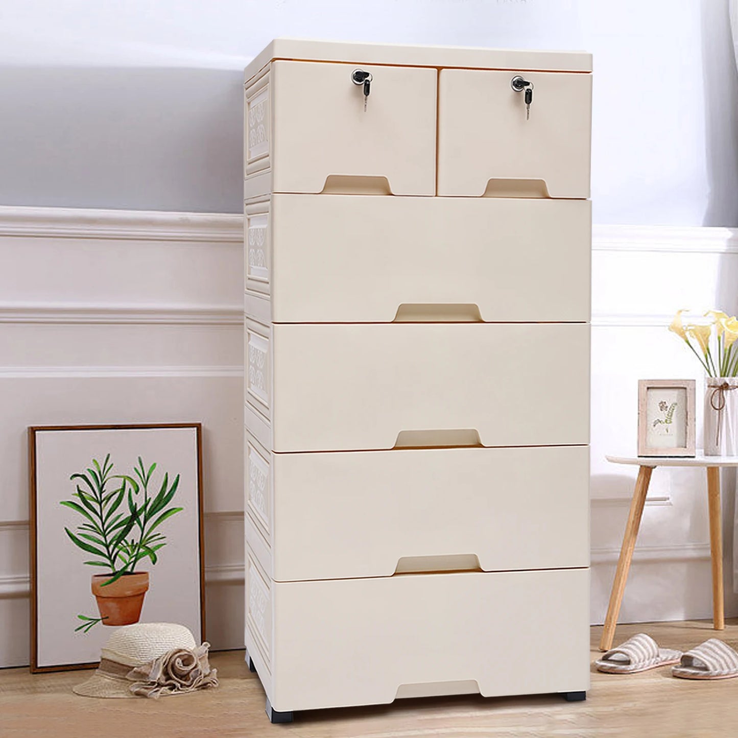 Six Drawer Storage Chest Movable Nightstand Closet Tower For Bedroom