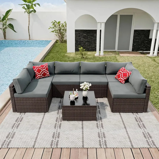Outdoor All Weather PE Rattan Patio Furniture Set 7 Pieces