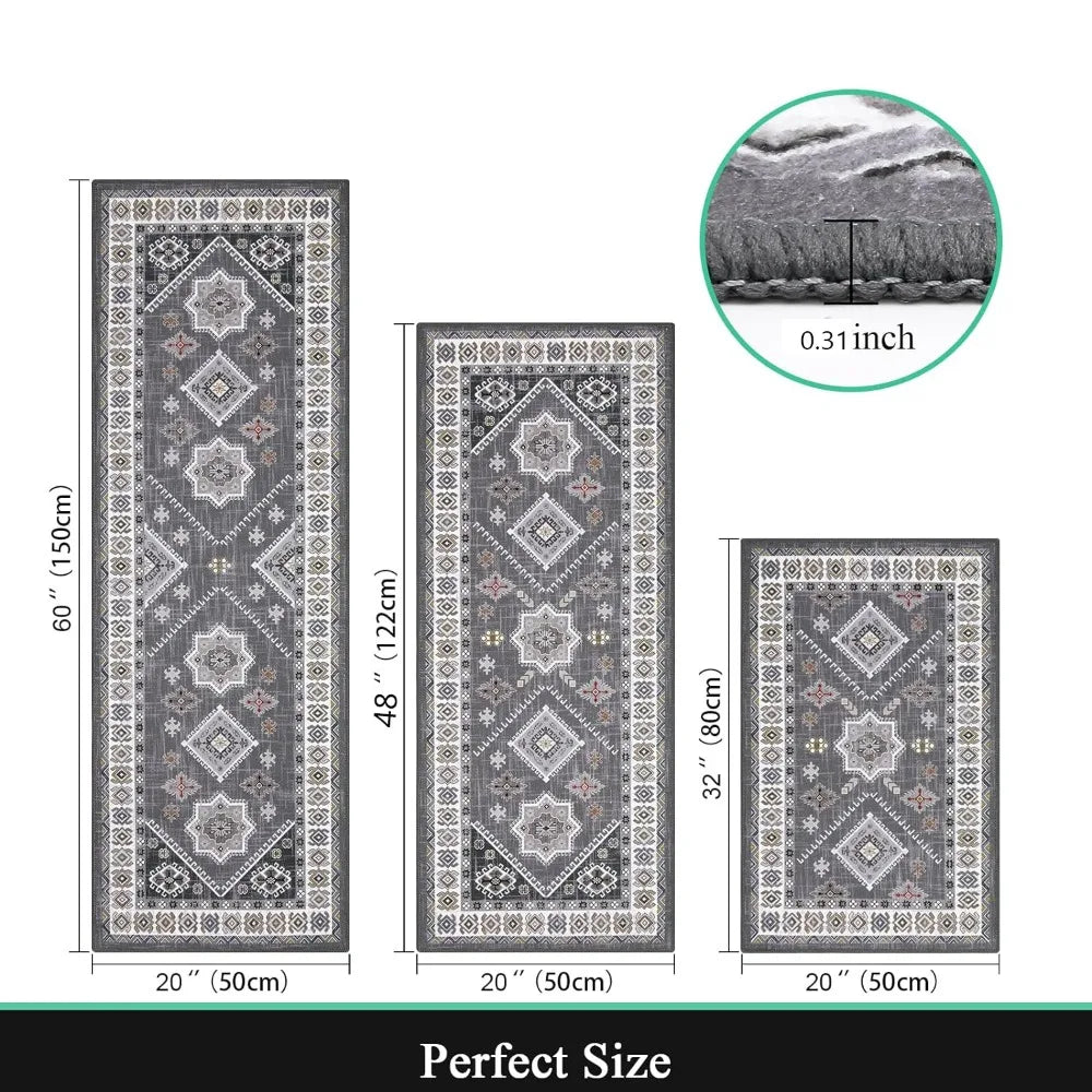 Boho Vintage Kitchen Rug Set Three Pieces PVC Washable Mats