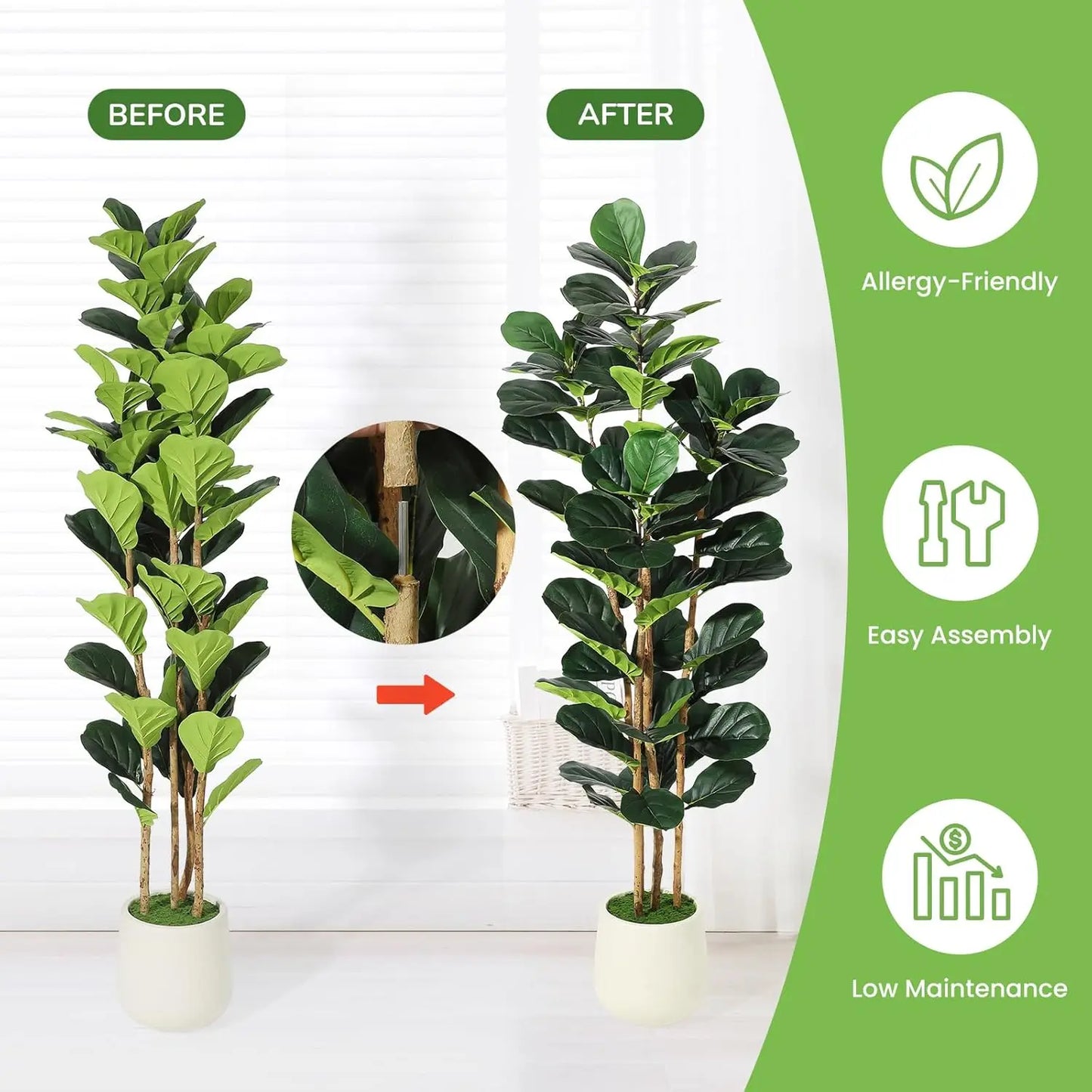 HiMISS Fiddle Leaf Fig Tree With Pot Faux Plant Home
