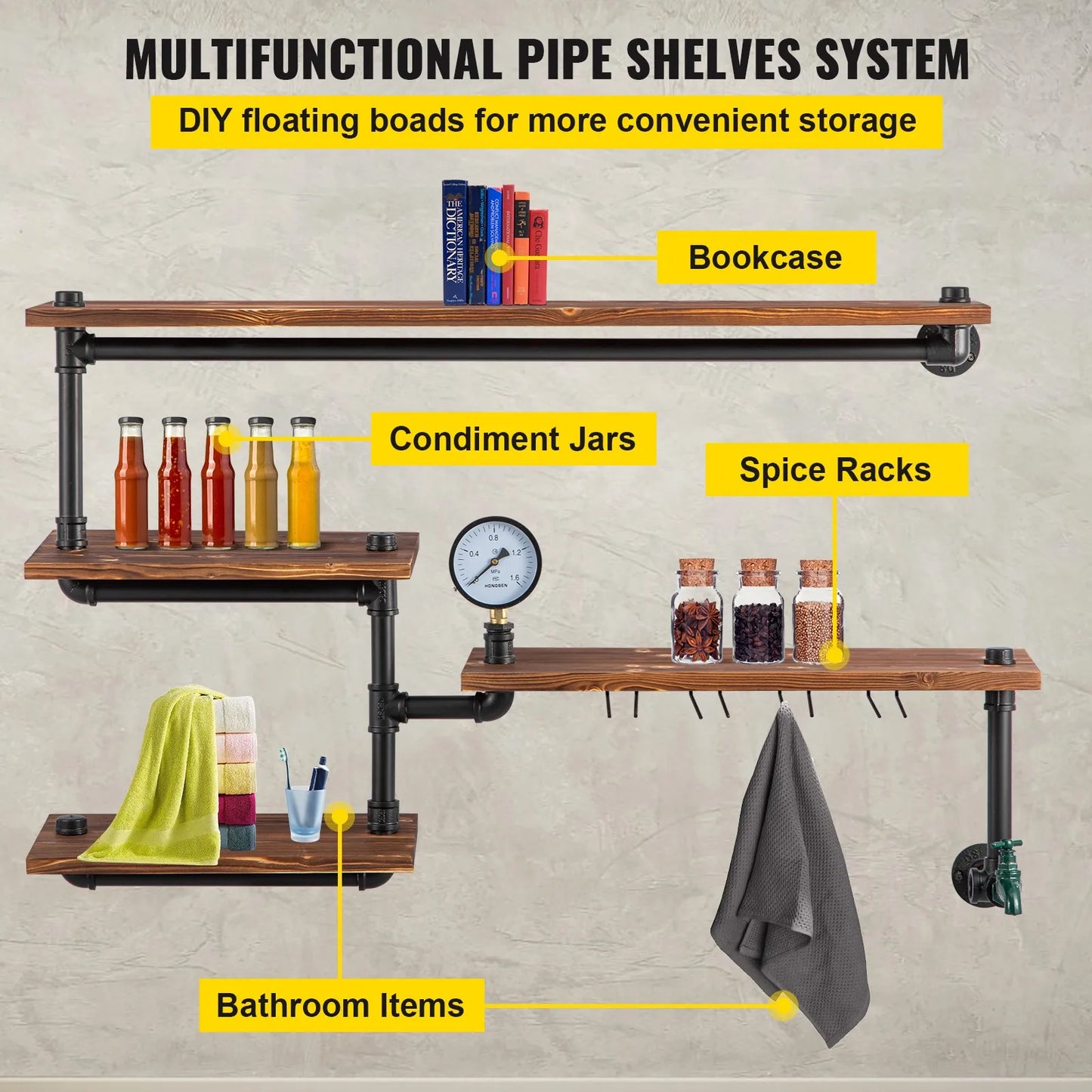 Industrial Pipe Shelves Wall Mounted Four Tier Iron Pipe Rack