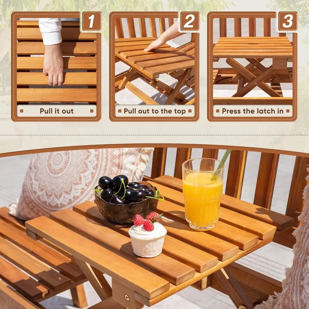 Wooden Outdoor Bench With Pull Out Table For Patio