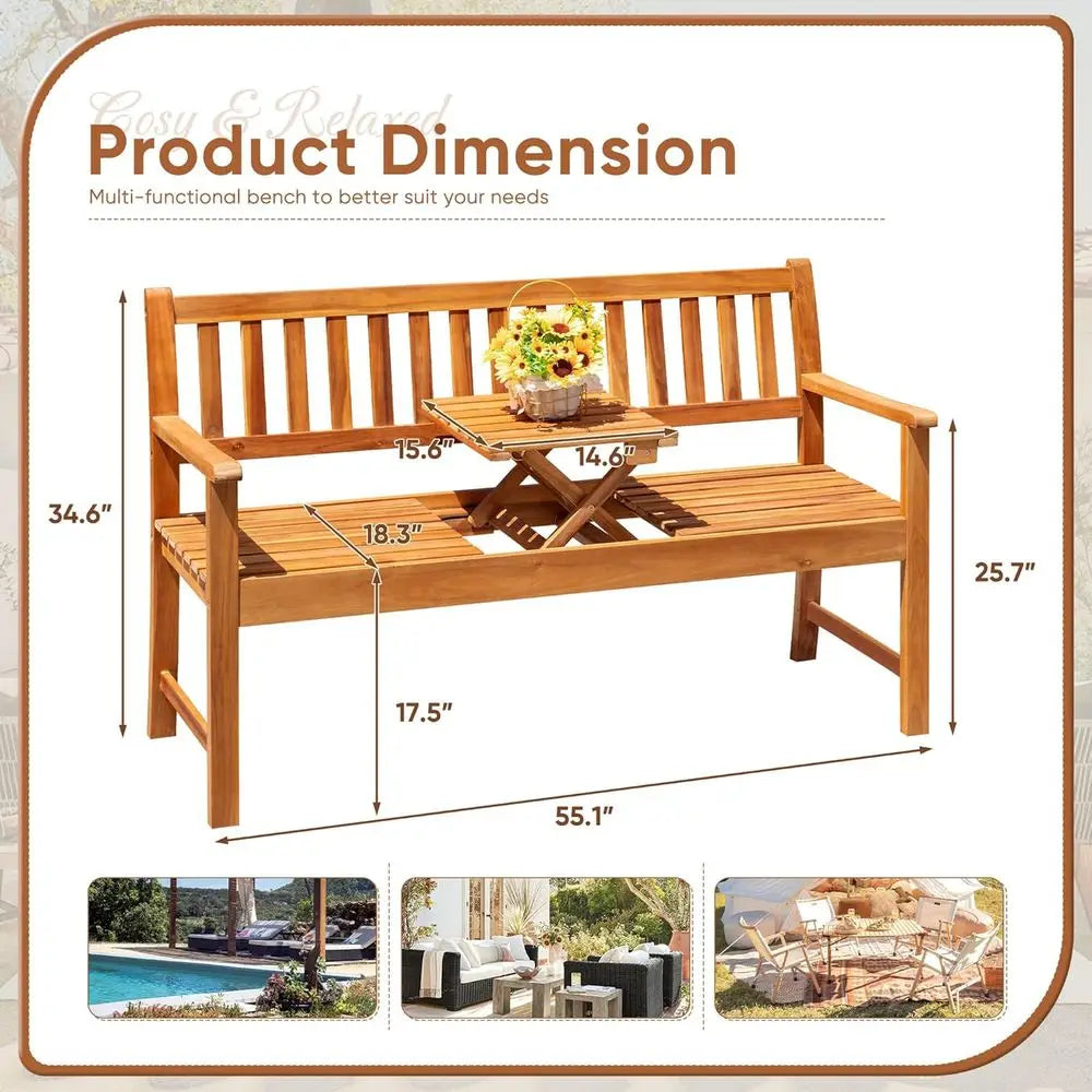 Wooden Outdoor Bench With Pull Out Table For Patio
