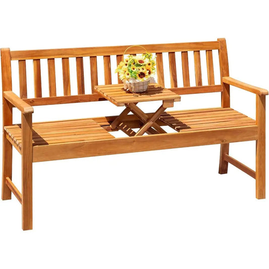 Wooden Outdoor Bench With Pull Out Table For Patio