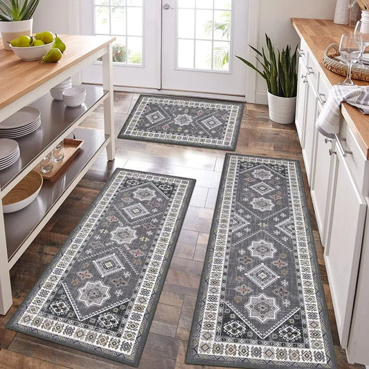 Boho Vintage Kitchen Rug Set Three Pieces PVC Washable Mats