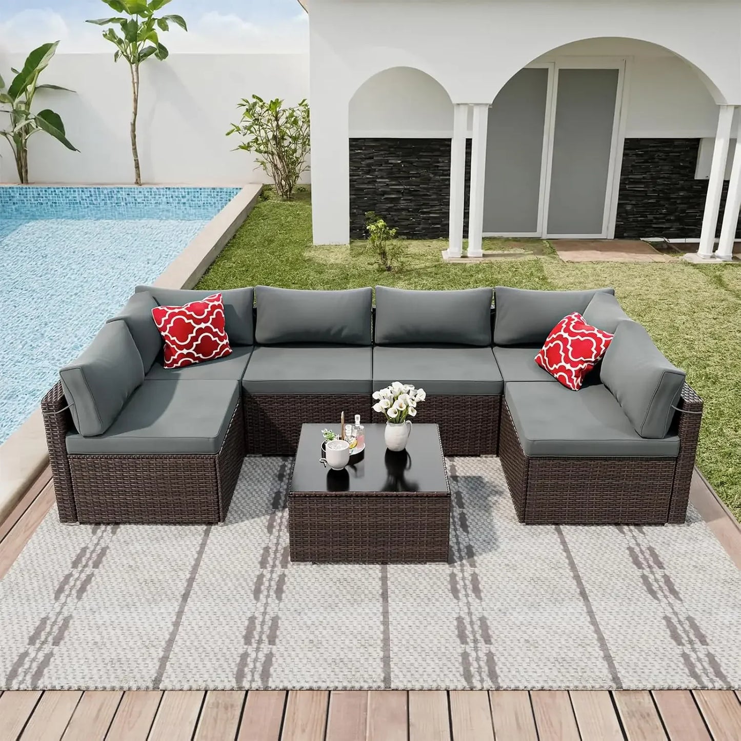 Outdoor All Weather PE Rattan Patio Furniture Set 7 Pieces