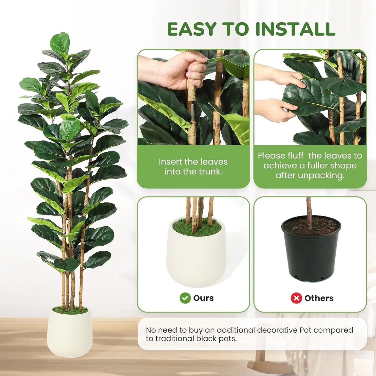 HiMISS Fiddle Leaf Fig Tree With Pot Faux Plant Home