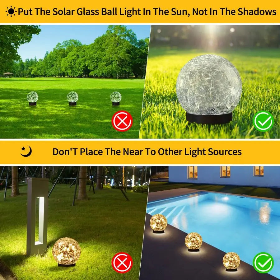 Solar Globe Lights Outdoor Waterproof Cracked Glass Ball Orbs Garden