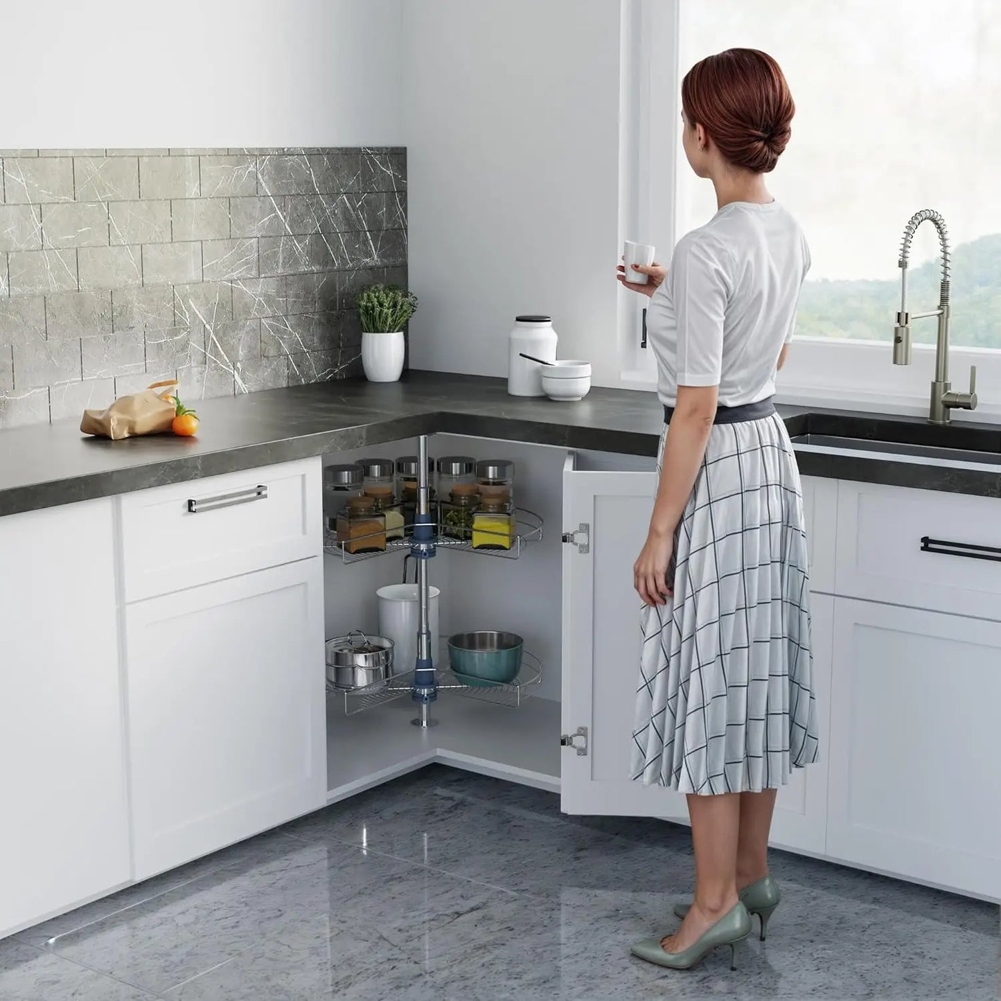Iron Kidney Shape Lazy Susan Kitchen Base Cabinet Organizer Two Shelves