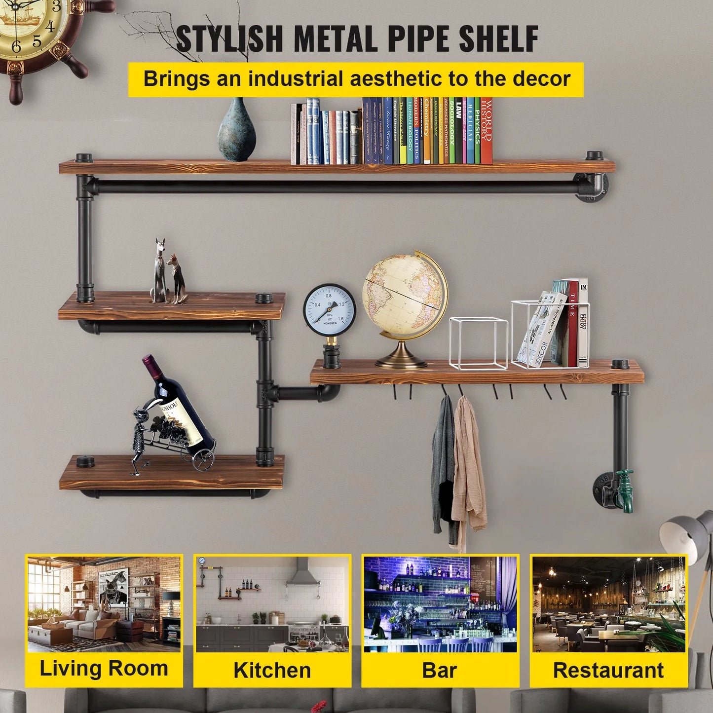 Industrial Pipe Shelves Wall Mounted Four Tier Iron Pipe Rack