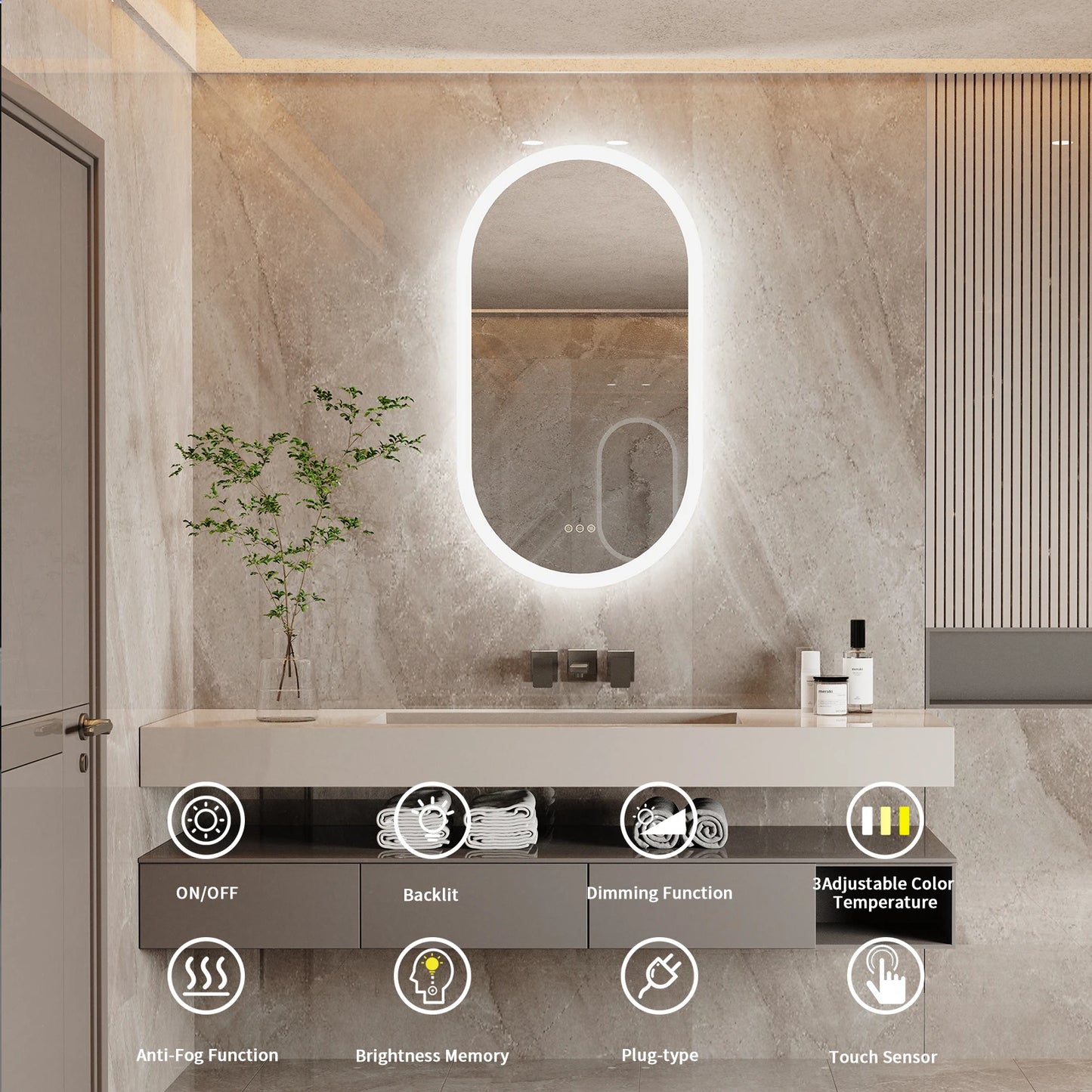 Wisfor LED Oval Backlit Bathroom Mirror Frameless Anti Fog